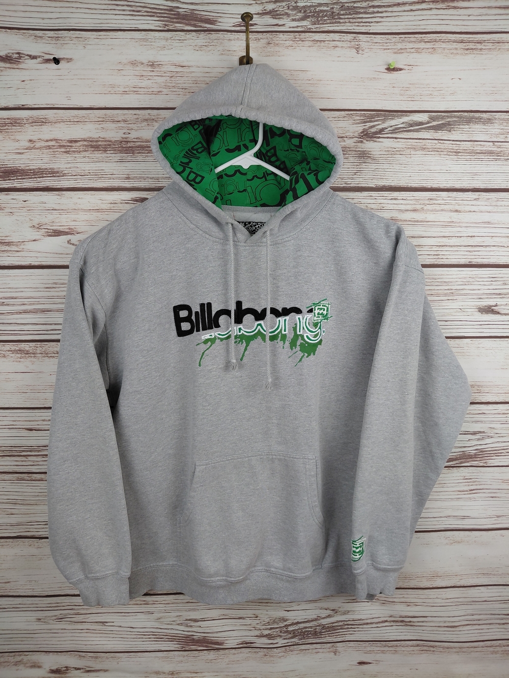 Billabong Mens XL Vintage Gray & Green Logo Spellout Oversized Skate Hoodie